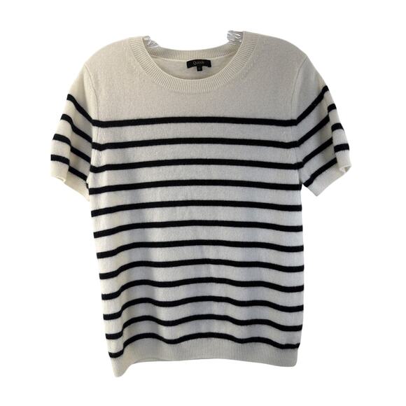 Quince Sweaters - Quince Cashmere Ivory Black Stripe Short Sleeve Sweater Tee Shirt Large Staple